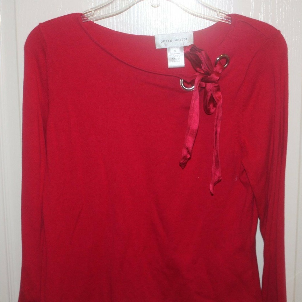 SUSAN BRISTOL PULLOVER RED SWEATER RIBBON TRIM 3/4 sleeve Medium EUC